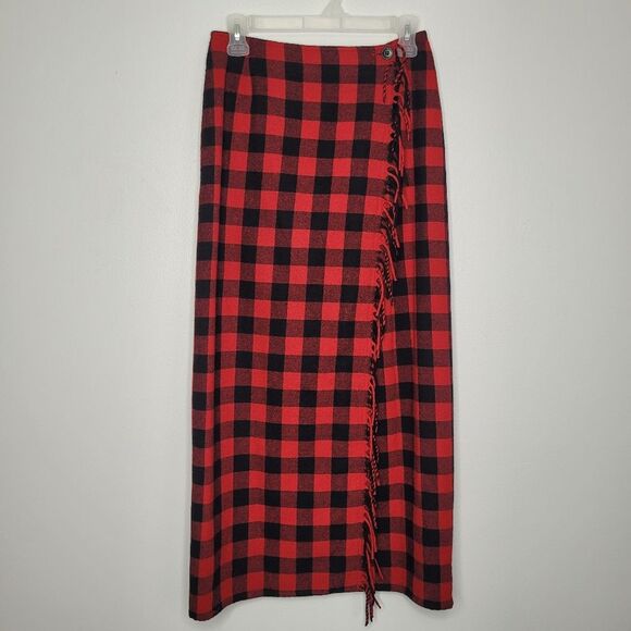 Vintage 90s red black Buffalo check plaid wrap fringe blanket skirt wool Size 6 - Picture 1 of 6